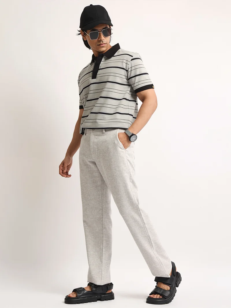 Maniac  Maniac Mens Solid Grey Elastic Linen Cotton Blend Trouser for Men | Best Price UAE